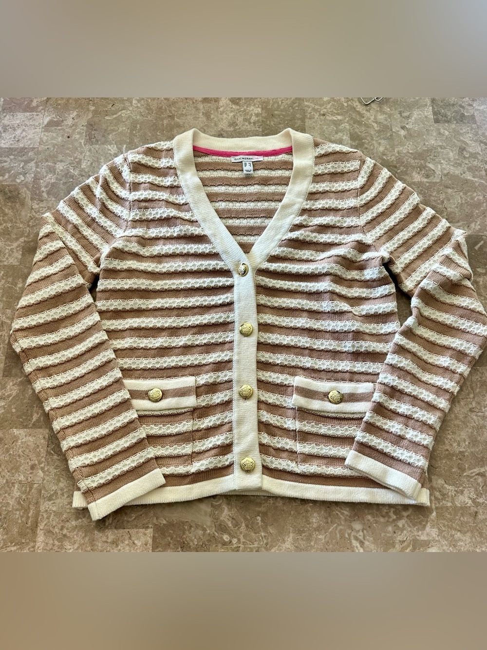 Isaac Mizrahi Live Long Sleeve Cardigans Womens Oversized XS Tan and Cream Strip